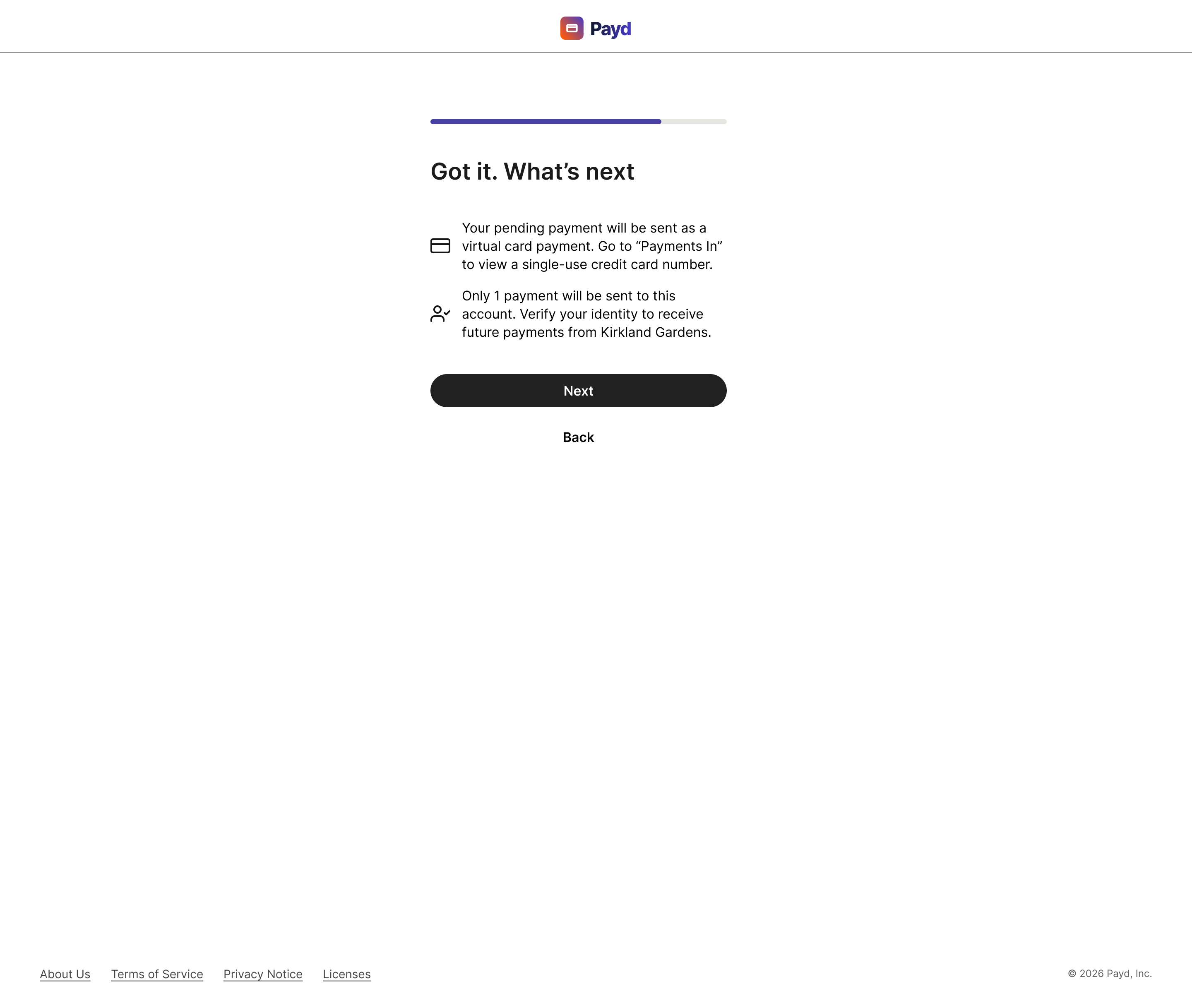 The new confirmation step, “Got it. What’s next”: the pending payment will be sent as a virtual card payment, and only one payment will be sent until the user verifies their identity.